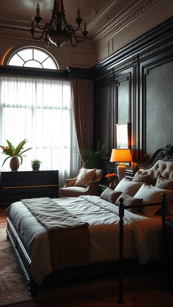 A luxurious bedroom featuring dark wood paneling, elegant furnishings, and soft lighting.