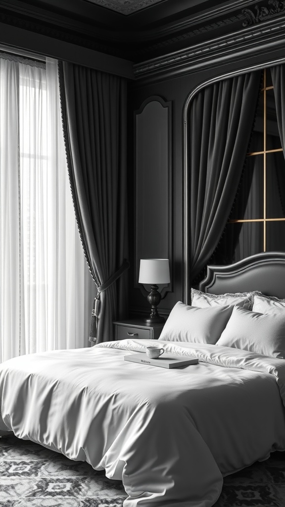 A luxurious black and white bedroom featuring elegant curtains and soft bedding.