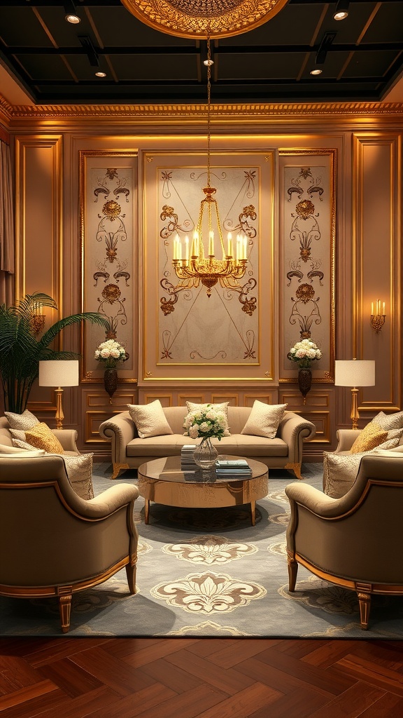 Luxurious glam living room with gold accents, elegant seating, and chandelier lighting.