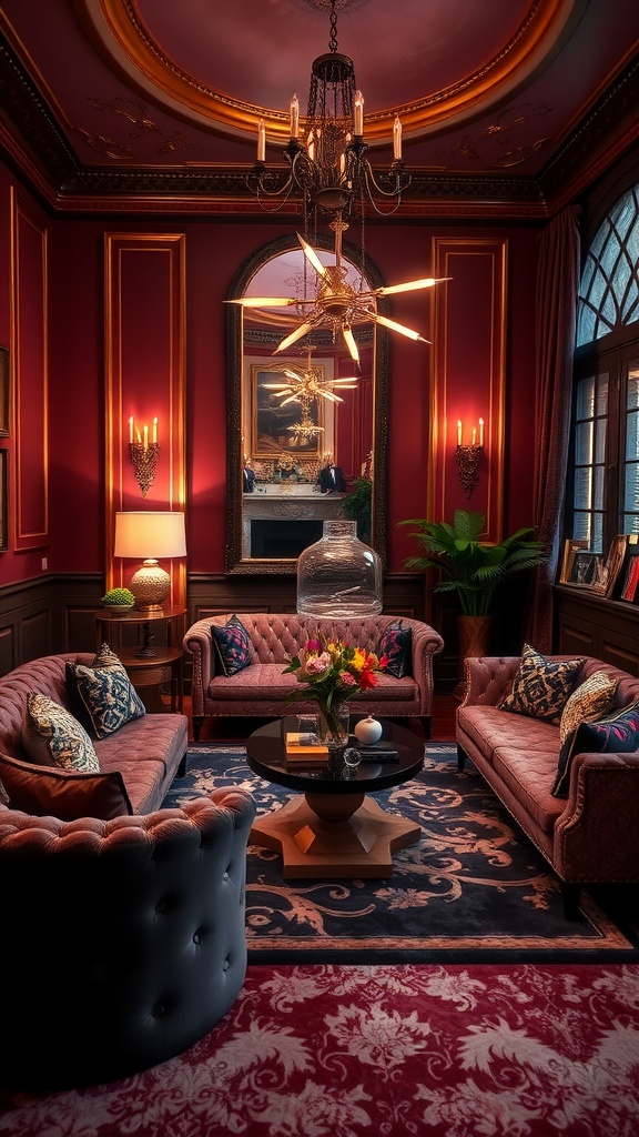 Luxurious living room with jewel tones, plush sofas, chandelier, and elegant decor.
