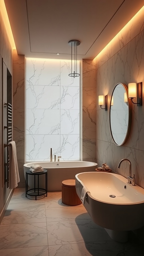 Modern luxurious bathroom with stylish lighting fixtures.