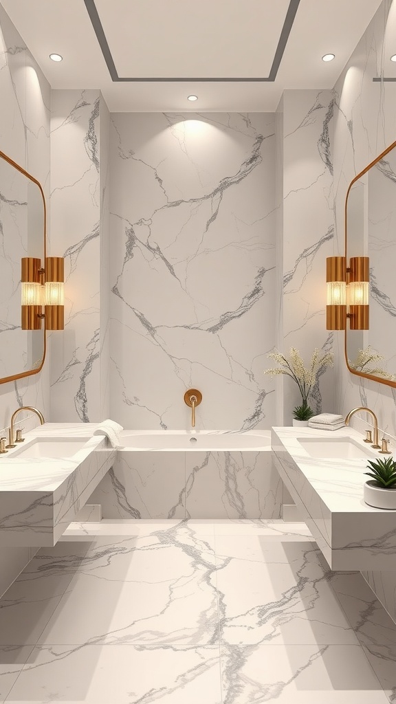 Luxurious marble bathroom with double sinks and stylish lighting