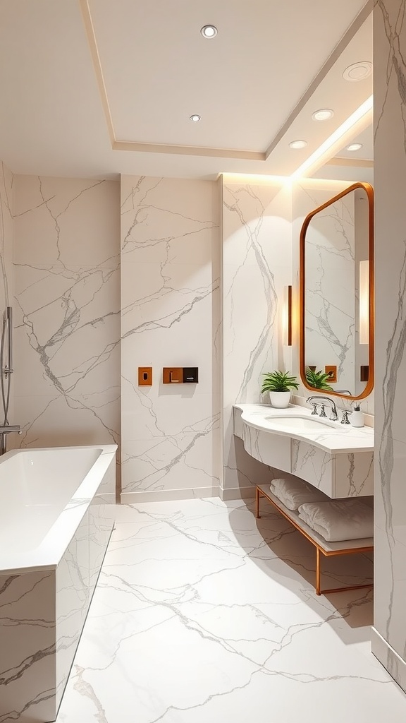 Luxurious hotel bathroom with marble walls and a soaking tub