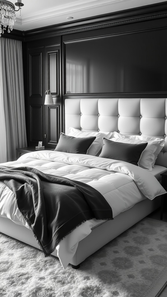 A luxurious black and white bedroom featuring a plush bed with monochrome bedding and elegant decor.