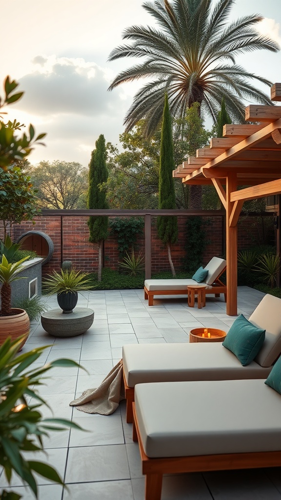 A luxurious outdoor spa area with wooden loungers, palm trees, and a tranquil ambiance.