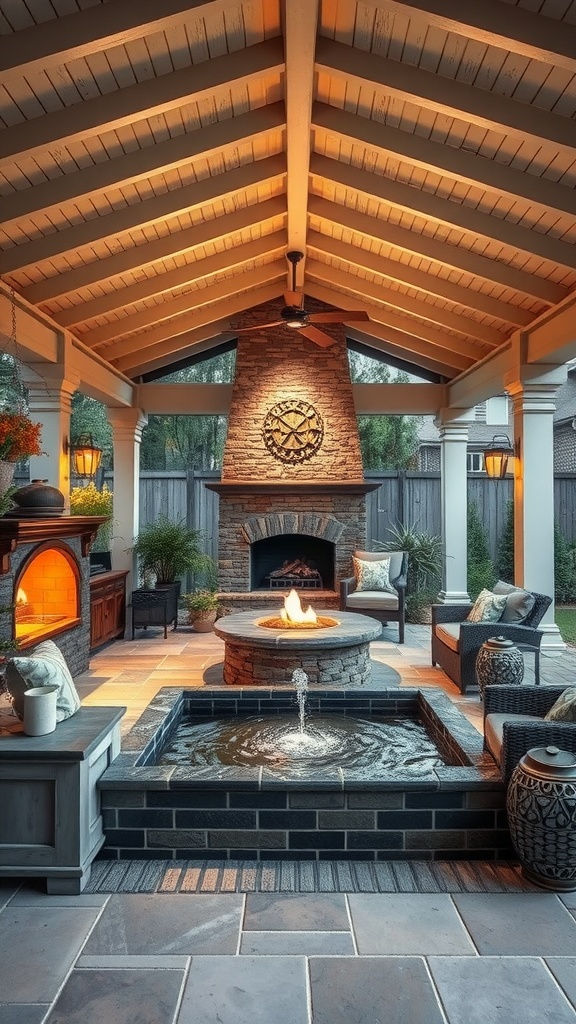 Covered patio with a fireplace and fountain, featuring comfortable seating and a cozy atmosphere.