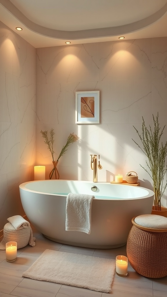 A luxurious bathroom featuring a freestanding tub, candles, and plants for a spa-like ambiance.