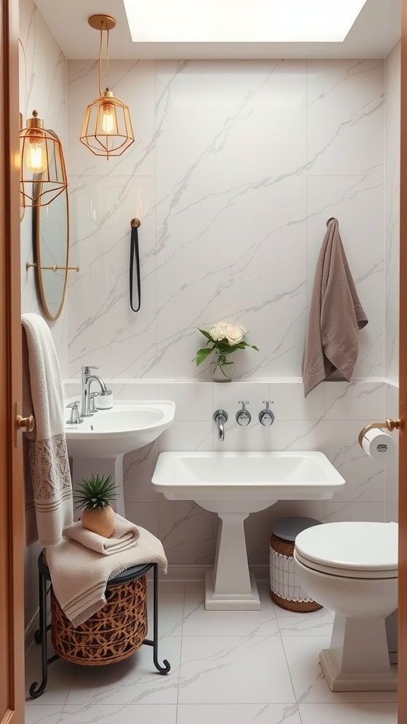A modern luxury bathroom featuring soft textiles, plants, and warm lighting.