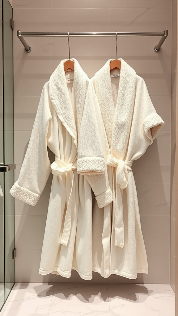 Two soft white bathrobes hanging on a bar in a modern bathroom.