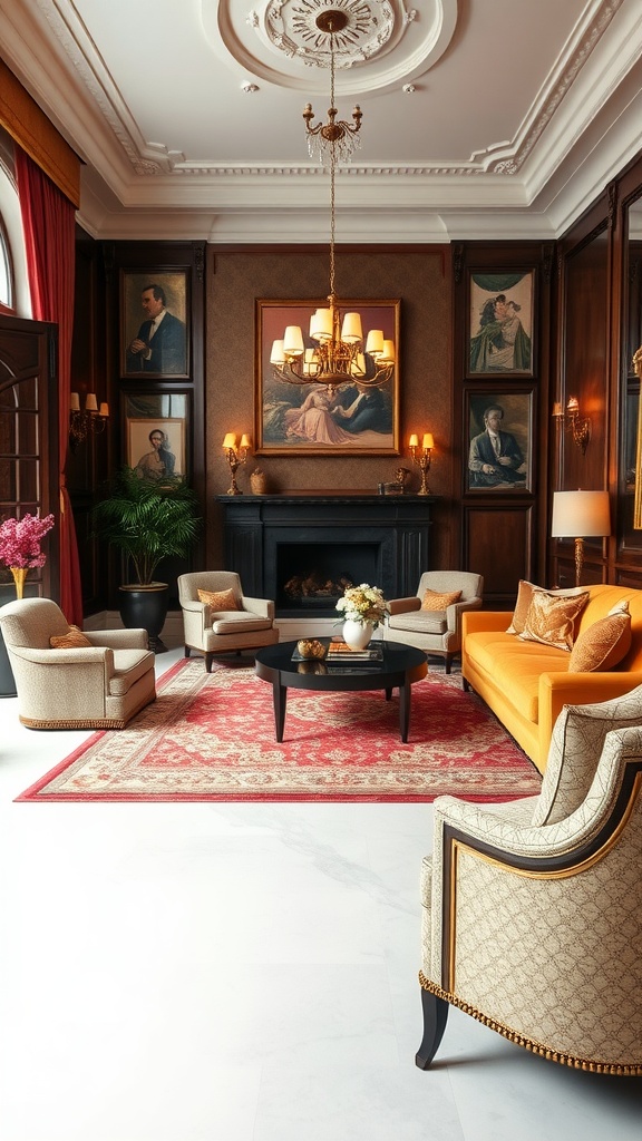 Luxurious living room with orange sofa, plush furnishings, intricate rugs, and elegant lighting.