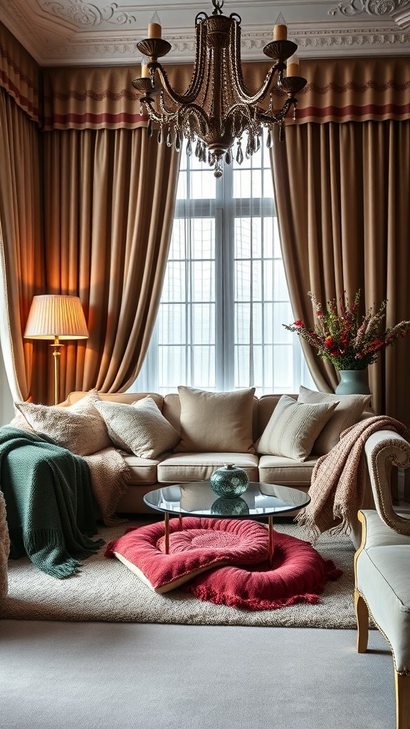 Cozy living room with neutral sofa, colorful throws, and elegant chandelier