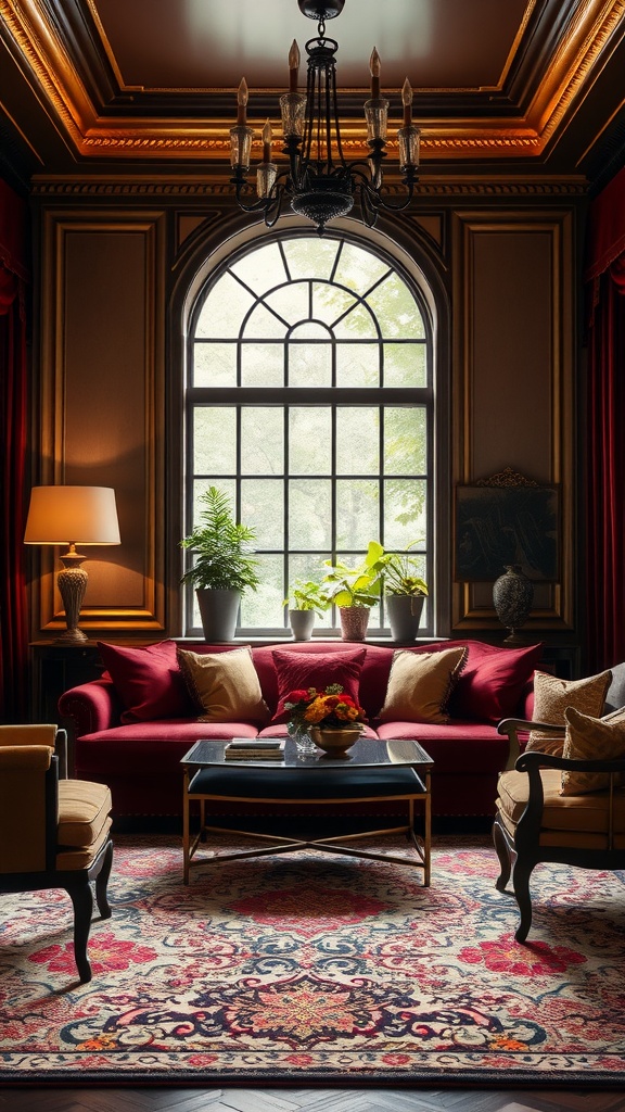 Luxurious living room with red sofas, a chandelier, and elegant decor.