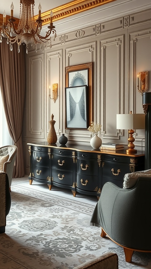 Luxurious black dresser in an elegant bedroom setting with gold accents and soft furnishings.