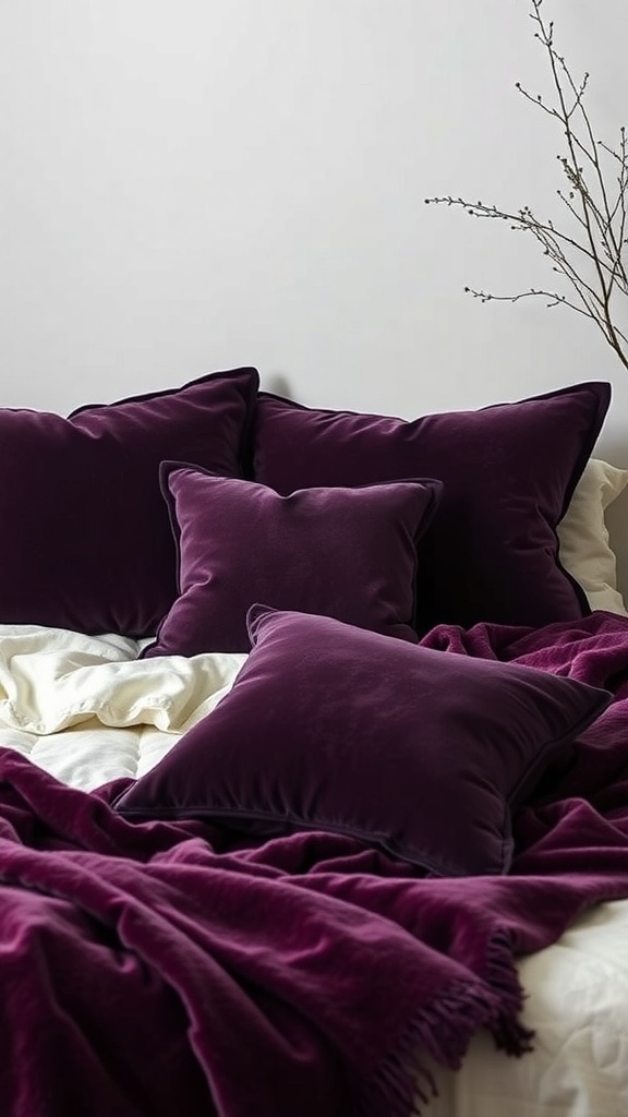 A cozy bed with purple velvet pillows and a soft throw blanket.