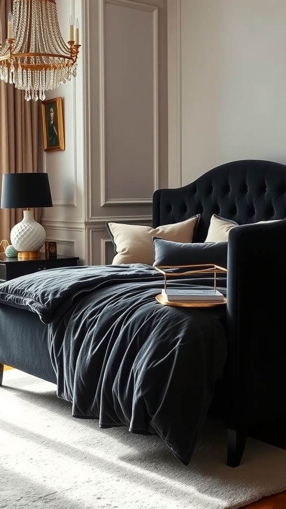 A stylish bedroom featuring a black bed frame with a velvet headboard, elegant chandelier, and cozy bedding.