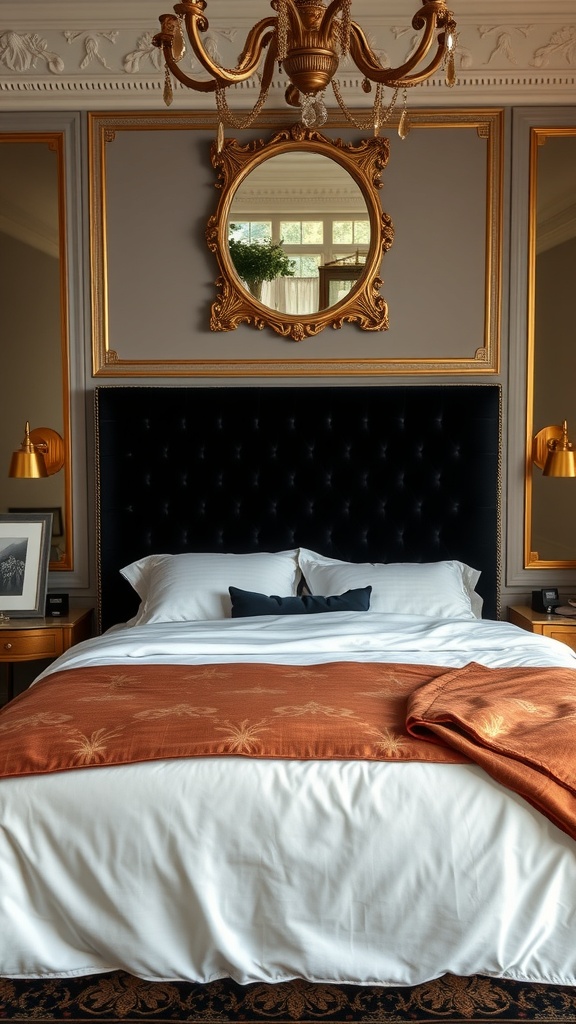 Luxurious bedroom featuring a velvet black headboard with tufted design, light bedding, and an orange throw blanket.