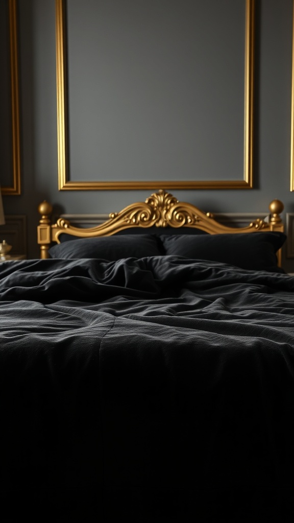 Luxurious black velvet comforter on a bed with a golden headboard