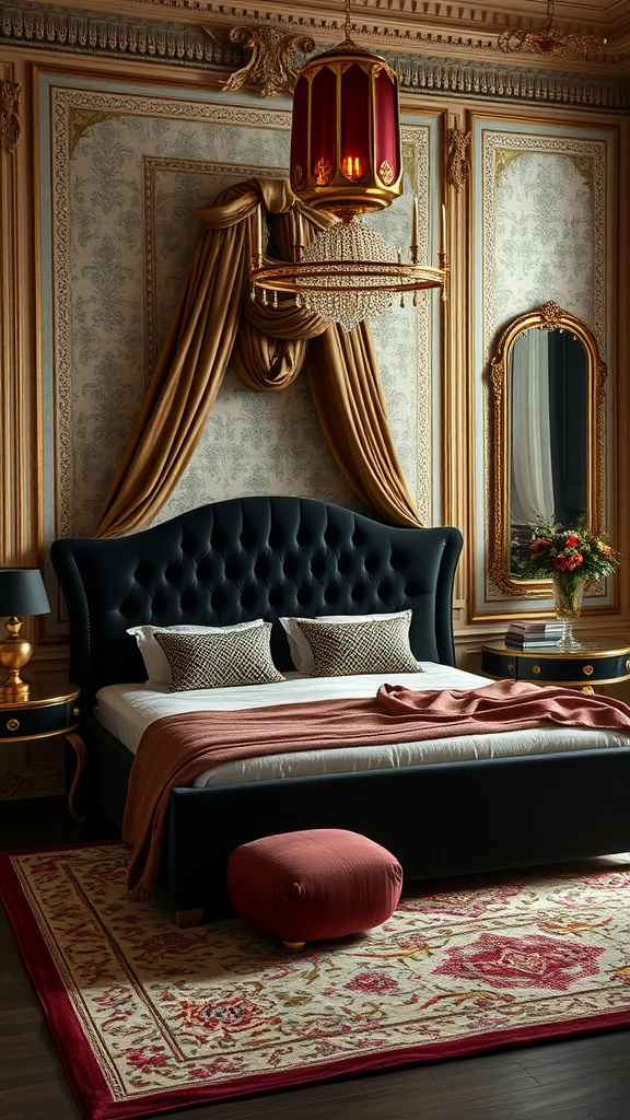 Luxurious bedroom featuring a black bedframe with a velvet headboard, elegant decor, and warm tones.