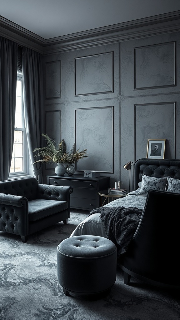 A luxurious grey and black bedroom featuring velvet furniture, dark walls, and elegant decor.