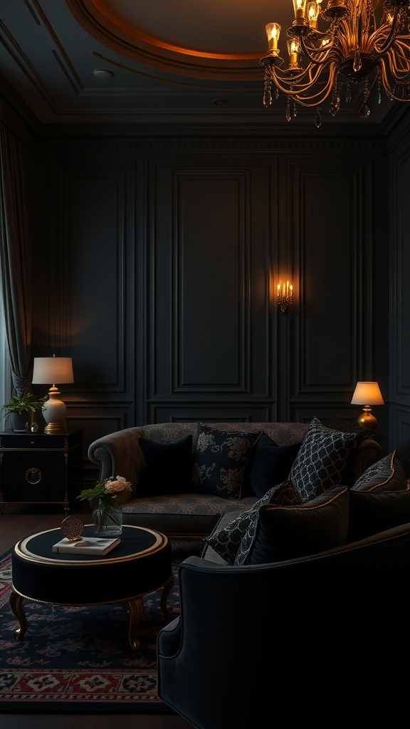 A luxurious bedroom with black furniture and velvet accents, featuring a plush sofa and elegant lighting.