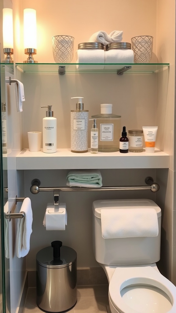 A modern hotel bathroom with neatly arranged luxury towels and toiletries.