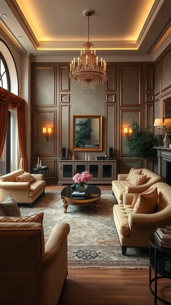 Luxurious living room with plush sofas, elegant chandelier, and textural layers.