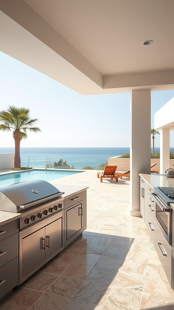 Luxury outdoor kitchen with modern grill, pool, and ocean view.