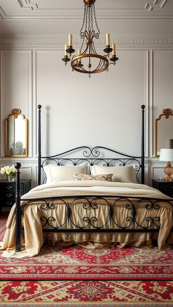 A luxurious bedroom featuring a black metal bed frame with plush bedding, a rich red area rug, and elegant decor.