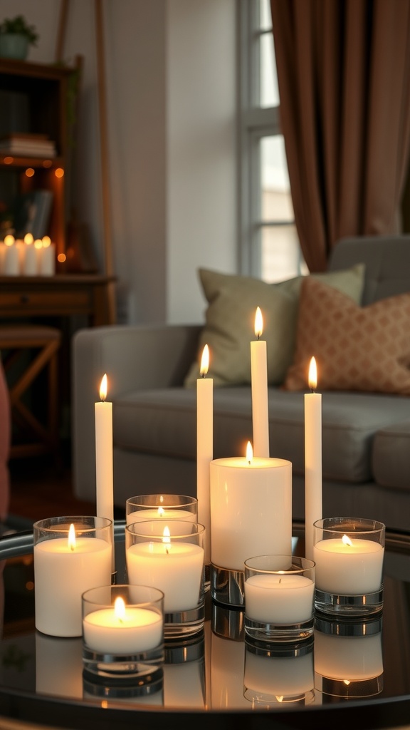 A collection of luxury scented candles in various sizes, glowing softly on a table in a cozy living room.