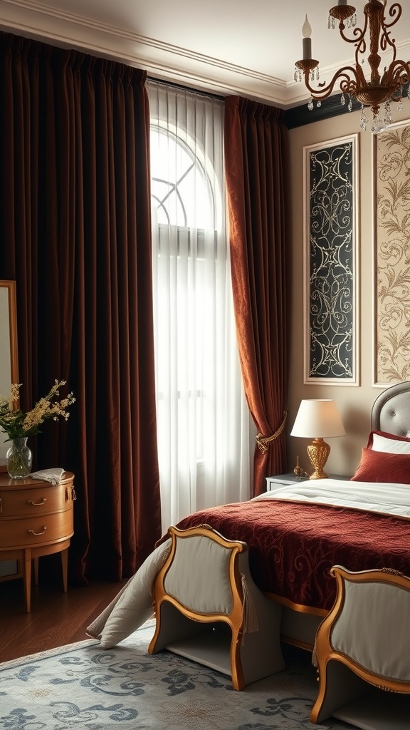 A luxurious bedroom featuring velvet blackout curtains in warm brown, a stylish chandelier, and elegant furnishings.