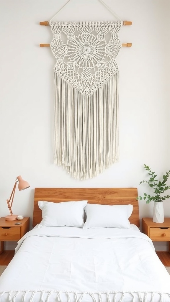 A minimal boho bedroom featuring a large macrame wall hanging above a bed with white bedding and wooden furniture.