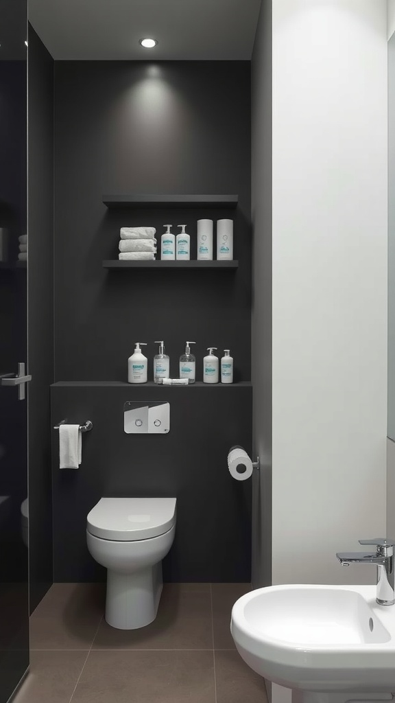 A minimalist bathroom with dark walls and neatly arranged toiletries on shelves.
