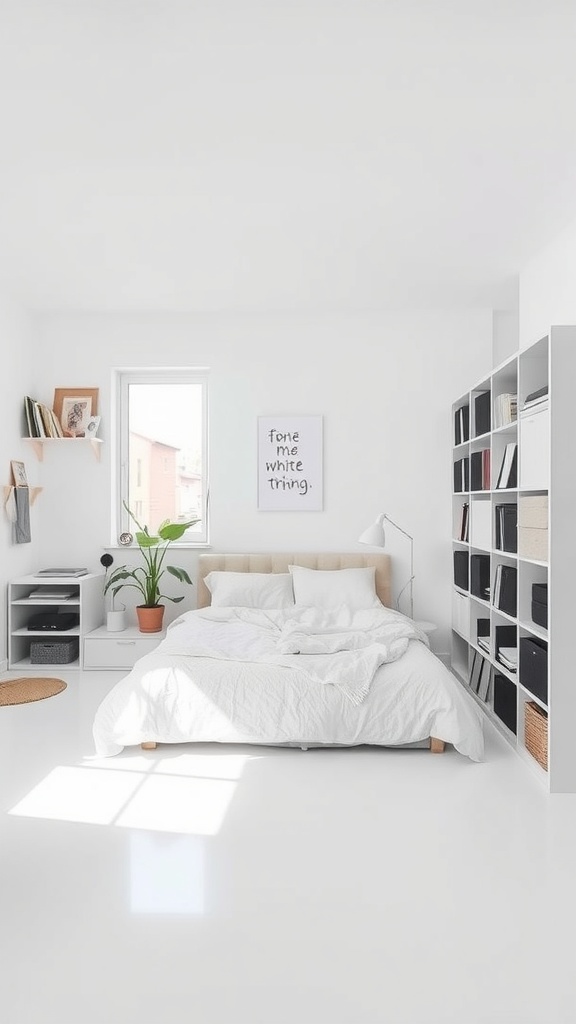 A minimal white bedroom featuring a beige bed, organized shelves, and a plant, all bathed in natural light.