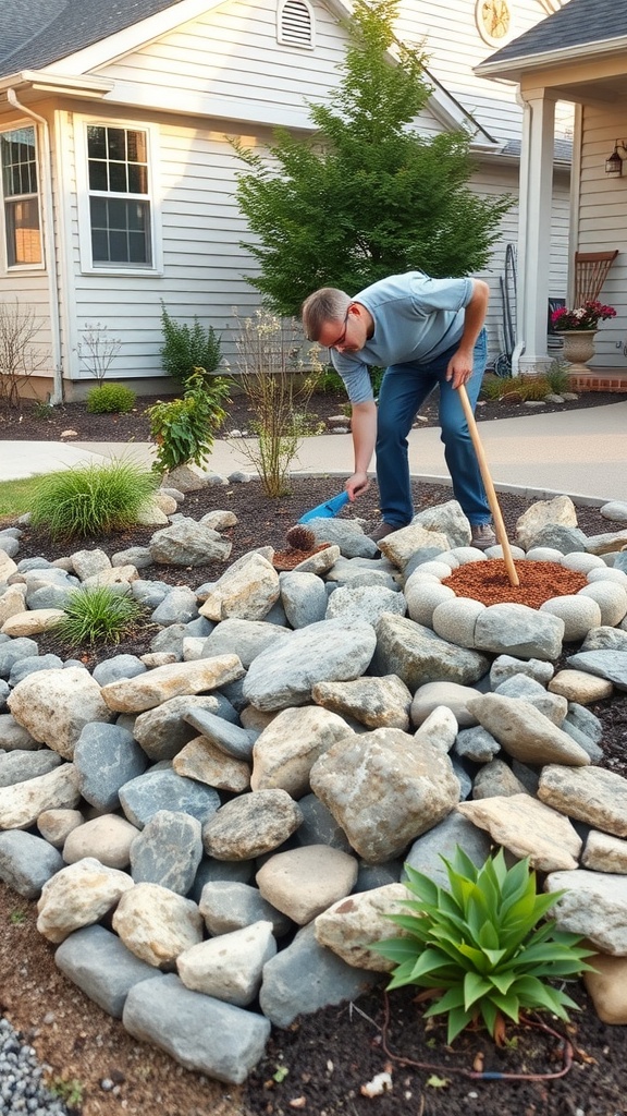 A person maintaining a rock bed around a house, using a shovel and rake.