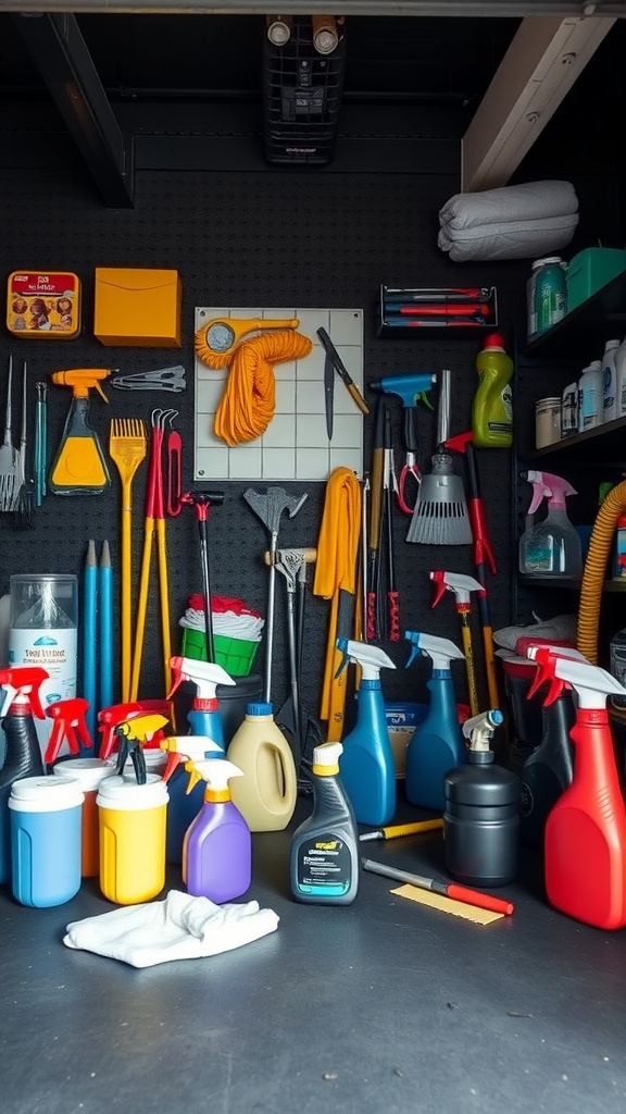 A well-organized black garage gym with various cleaning supplies and tools neatly arranged.
