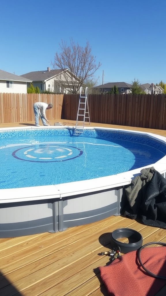 A person maintaining an above ground pool with a deck, showcasing maintenance activities.