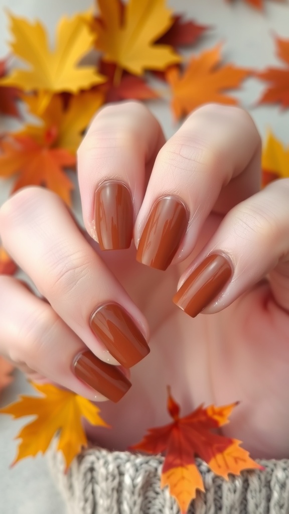 A hand with brown fingernail polish surrounded by colorful autumn leaves.