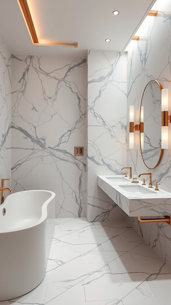 Luxurious bathroom featuring marble accents with a modern design and elegant fixtures.
