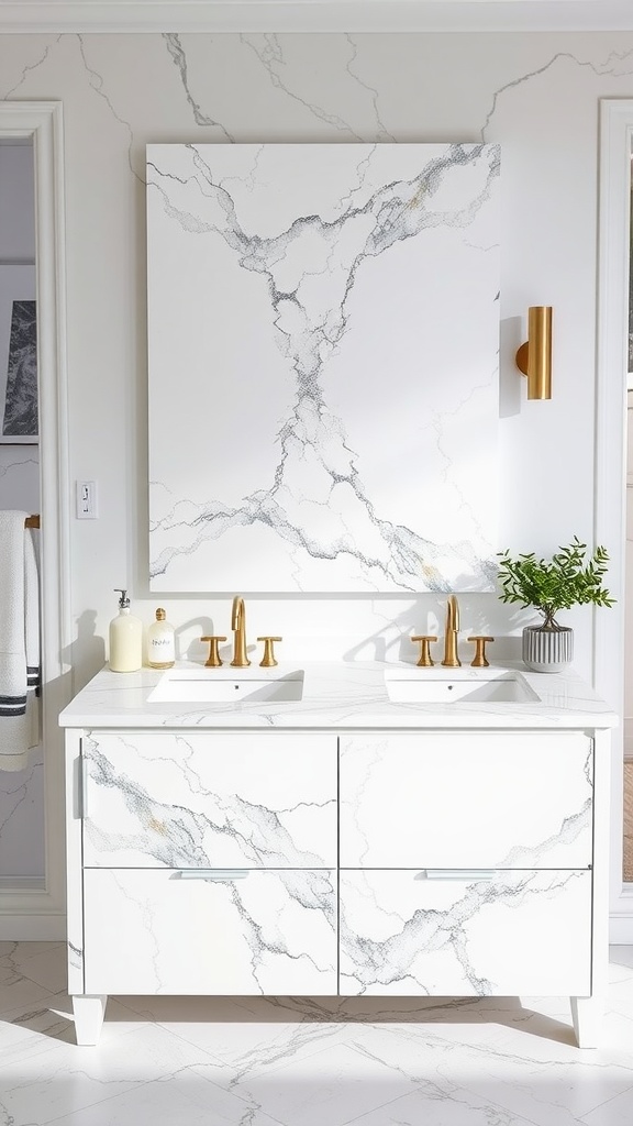 Stylish bathroom with a marble countertop, double sinks, and gold fixtures.