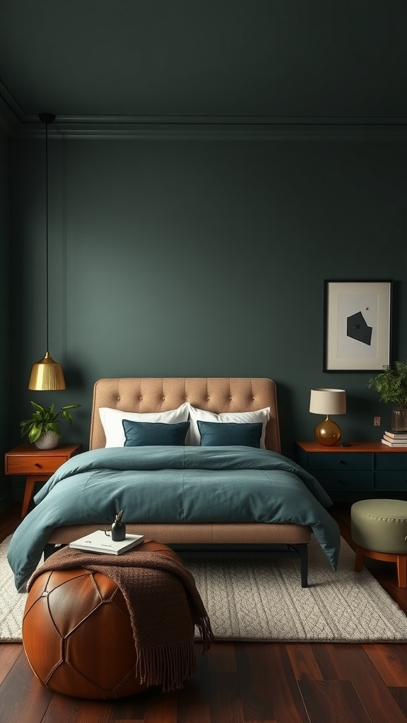 A masculine bedroom featuring deep green walls, a beige headboard, and teal bedding.