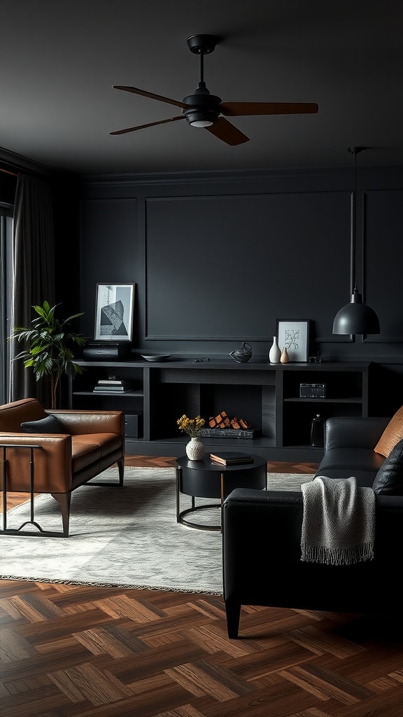 A modern masculine living room with dark tones, featuring leather furniture and minimalist decor.