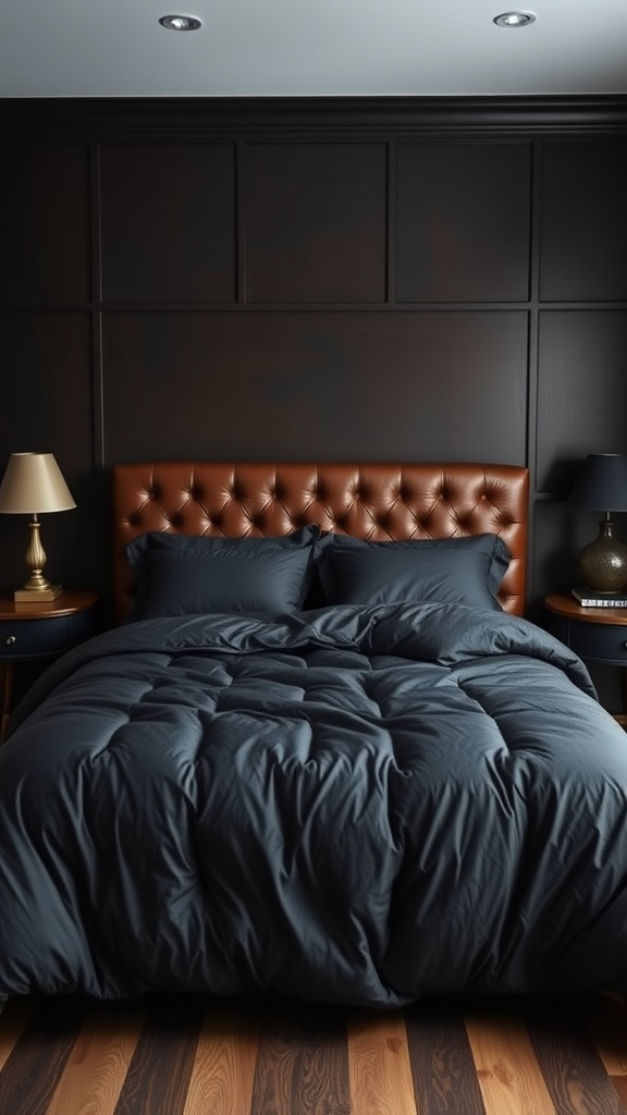 A stylish bedroom featuring a black comforter and a tufted leather headboard.