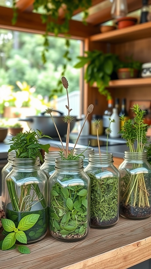 A collection of herbs in mason jars placed on a wooden surface, showcasing a variety of green foliage.