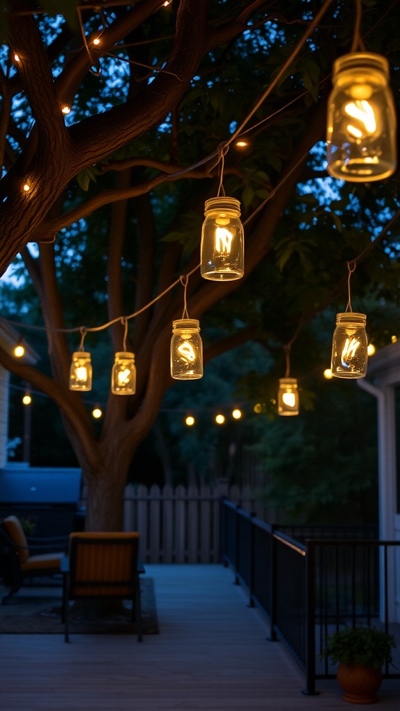 Mason jar lanterns hanging from a tree, illuminating a back patio at night.