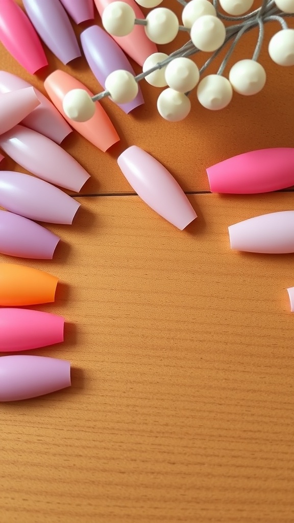 A variety of matte acrylic nail tips in pastel colors arranged on a wooden surface.
