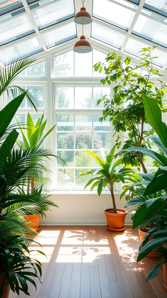 A bright and airy sunroom with large windows and plenty of indoor plants.