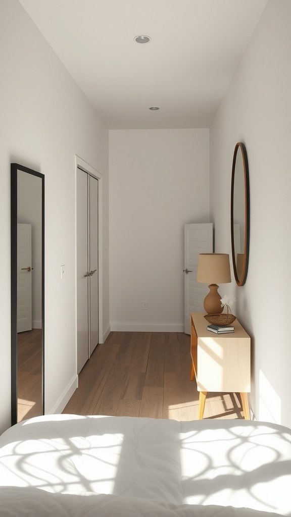 A narrow bedroom featuring a tall mirror and a round mirror, enhancing natural light.