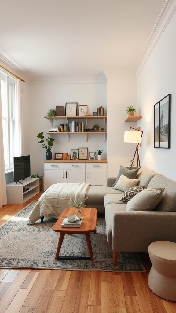 Cozy studio apartment with a comfortable sofa, coffee table, and open shelving.