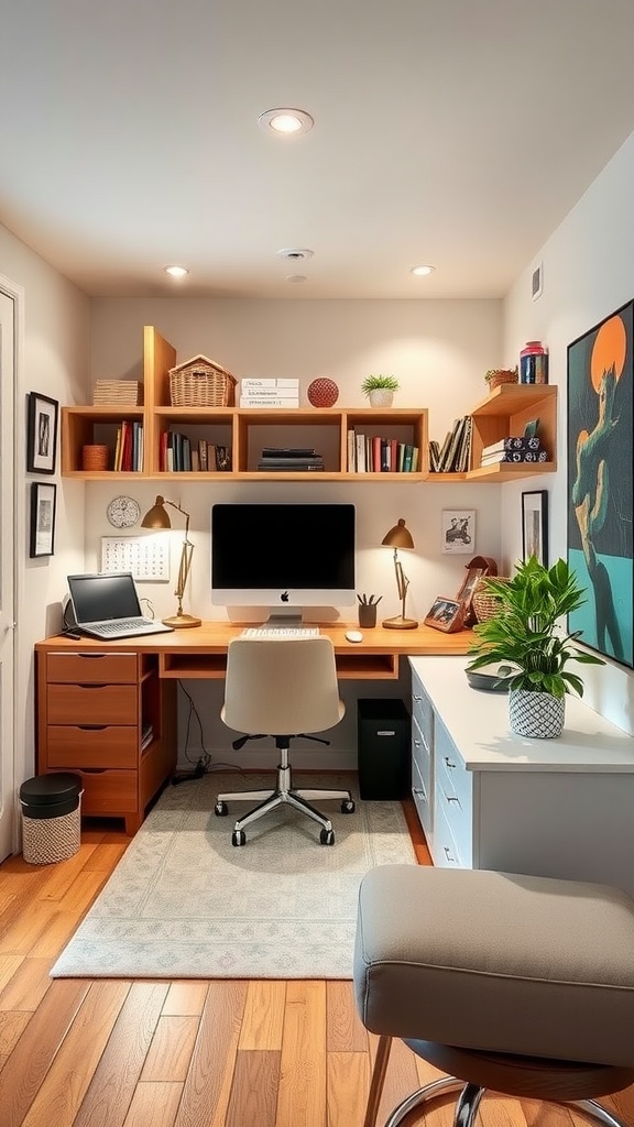 A modern small hobby room with a desk, computer, and shelves filled with books and decorative items.