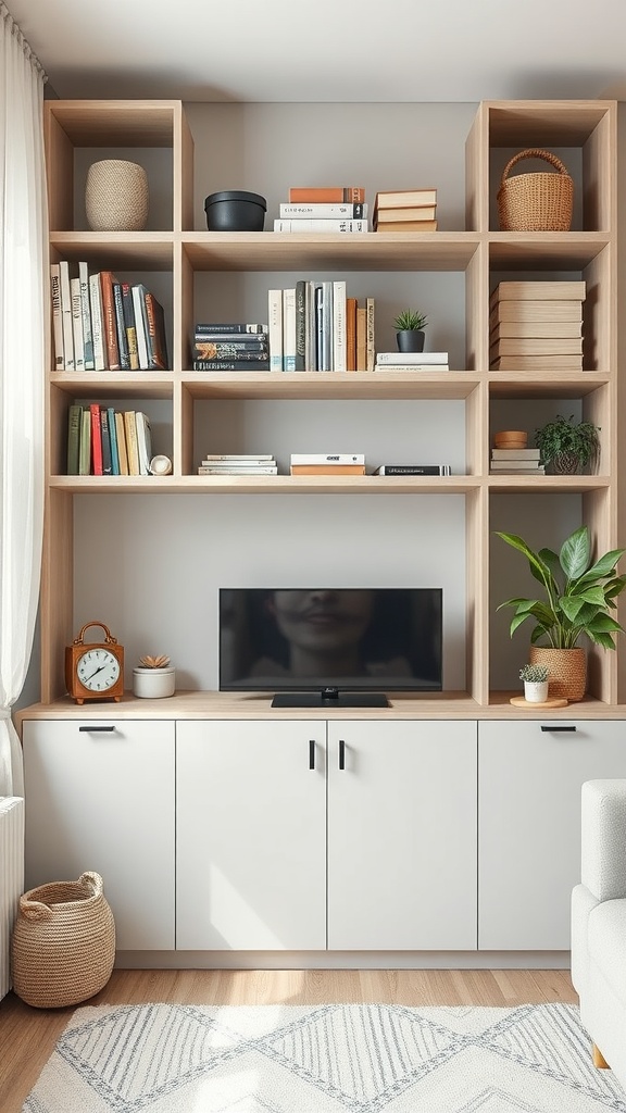A stylish living room with a modern shelving unit, featuring books, decorative items, and a TV cabinet.
